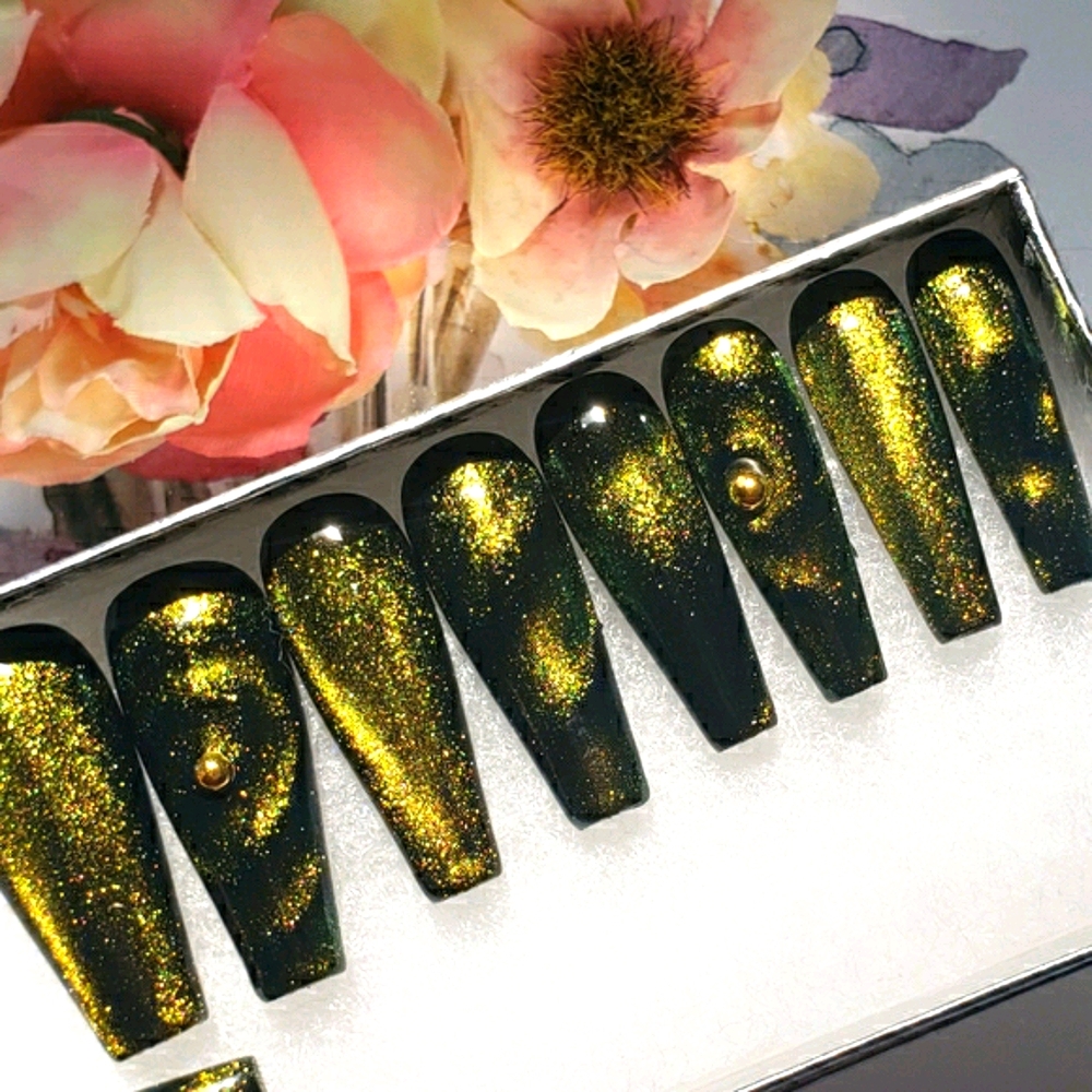 5D Yellow Galaxy reusable gel press on nails